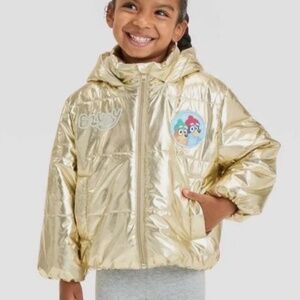 Bluey Gold Hooded Toddler Girls Puffer Jacket/Coat Size 2T Metallic Gold NEW